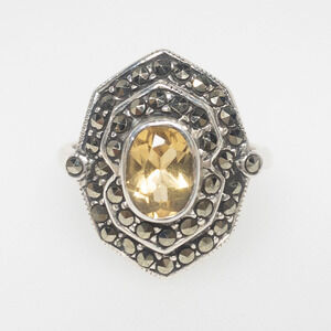 Sterling Silver Citrine & Marcasite Halo Ring Size 7